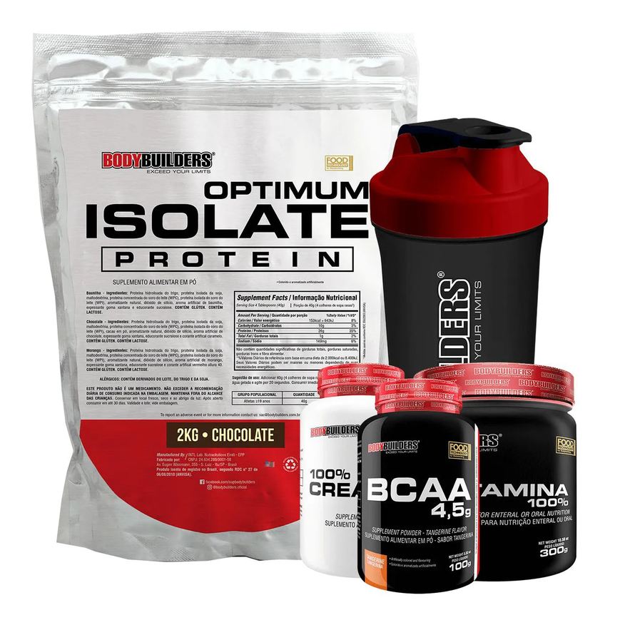 Bodybuilders Kit Optimum Isolate Whey Protein 2kg + Bcaa 100g + Creatina 100g + Glutamina 300g + Coqueteleira Sabor Chocolate