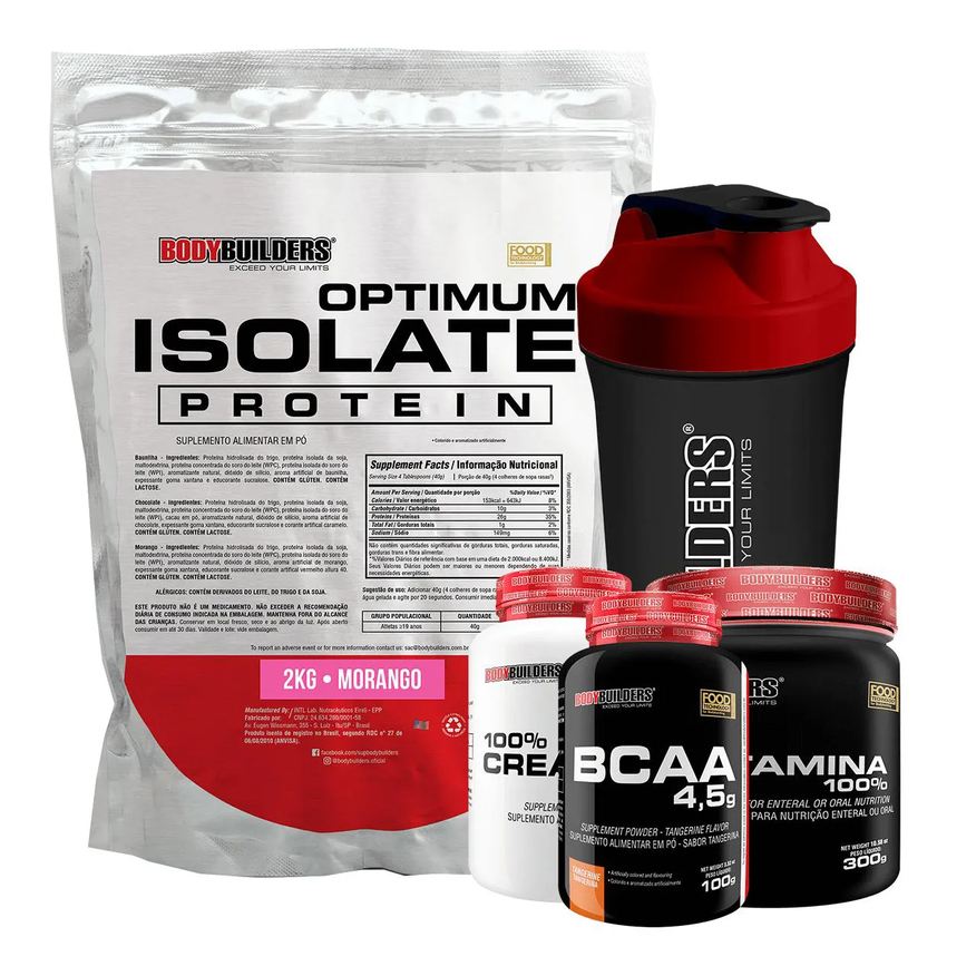 Bodybuilders Kit Optimum Isolate Whey Protein 2kg + Bcaa 100g + Creatina 100g + Glutamina 300g + Coqueteleira Sabor Morango