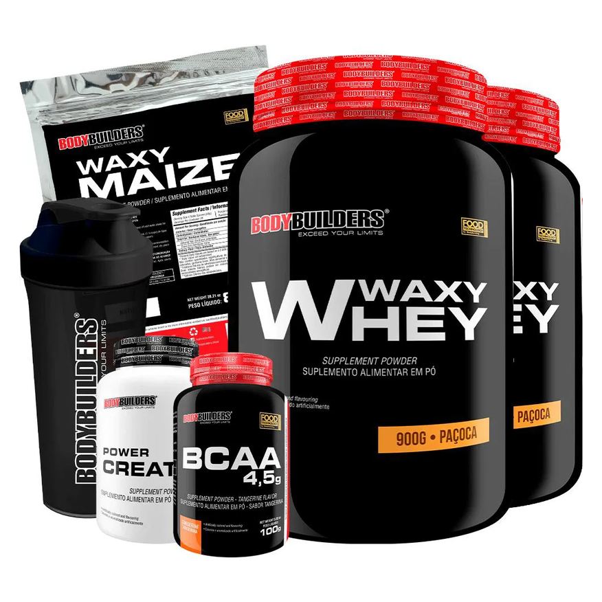 Bodybuilders Kit 2x Whey Protein Waxy Whey 900g + Bcaa 4.5 100g + Power Creatina 100g + Waxy Maize 800g + Coque. Paçoca