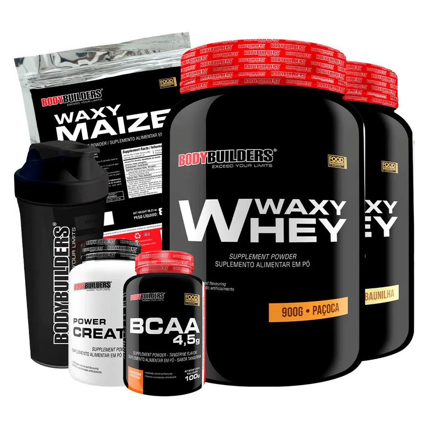 Bodybuilders Kit 2x Whey Protein Waxy Whey 900g + Bcaa 4.5 100g + Power Creatina 100g + Waxy Maize 800g + Coque. Baunilha e Paçoca