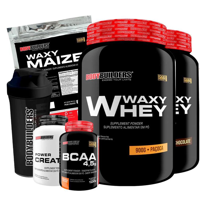 Bodybuilders Kit 2x Whey Protein Waxy Whey 900g + Bcaa 4.5 100g + Power Creatina 100g + Waxy Maize 800g + Coque. Chocolate e Paçoca