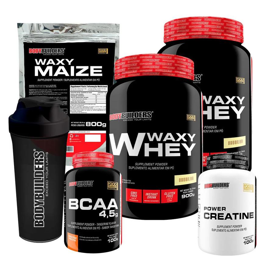 Bodybuilders Kit 2x Whey Protein Waxy Whey 900g + Bcaa 4.5 100g + Power Creatina 100g + Waxy Maize 800g + Coque. Morango e Chocolate