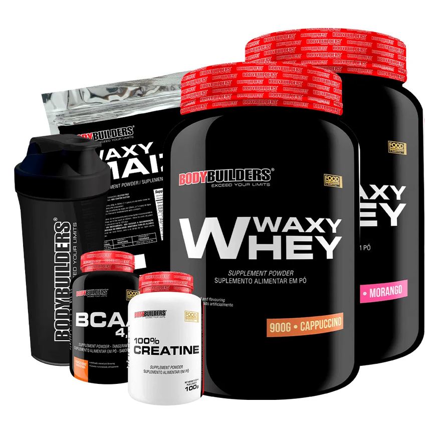 Bodybuilders Kit 2x Whey Protein Waxy Whey 900g + Bcaa 4.5 100g + Power Creatina 100g + Waxy Maize 800g + Coque. Morango e Cappuccino
