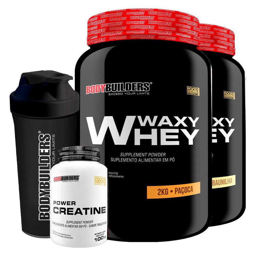 Bodybuilders Kit 2x Waxy Whey 2kg + Power Creatina 100g + Coqueteleira - Baunilha e Paçoca