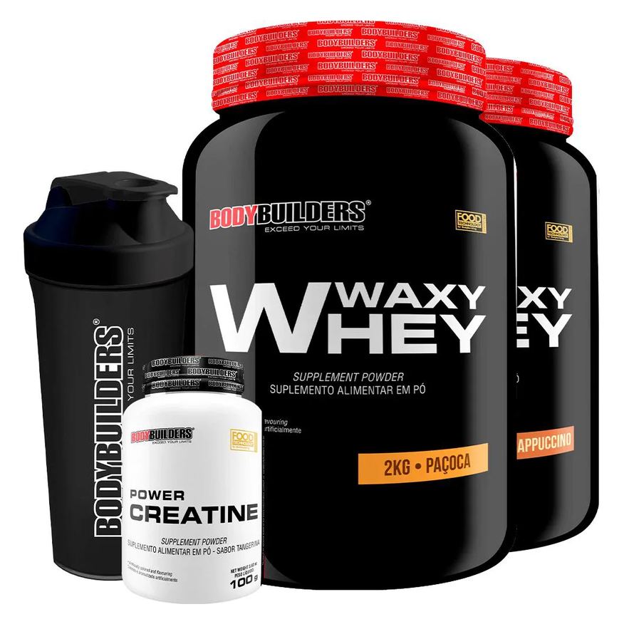 Bodybuilders Kit 2x Waxy Whey 2kg + Power Creatina 100g + Coqueteleira - Cappuccino e Paçoca