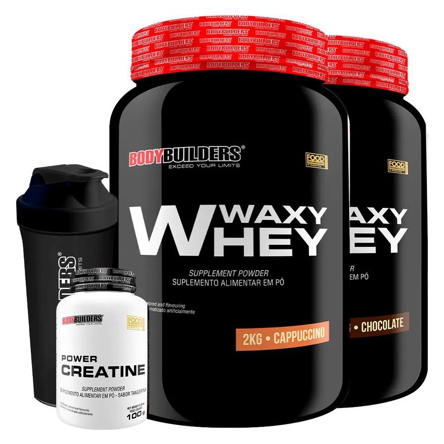 Bodybuilders Kit 2x Waxy Whey 2kg + Power Creatina 100g + Coqueteleira - Cappuccino e Chocolate