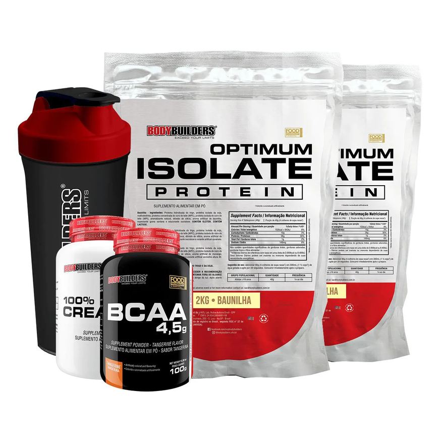 Bodybuilders Kit 2x Optimum Isolate Whey Protein 2kg + Creatina 1000g + Bcaa 100g + Coqueteleira Sabor Baunilha