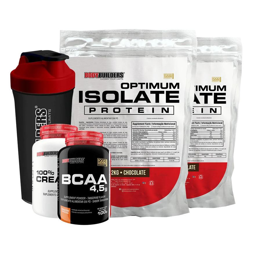 Bodybuilders Kit 2x Optimum Isolate Whey Protein 2kg + Creatina 1000g + Bcaa 100g + Coqueteleira Sabor Chocolate
