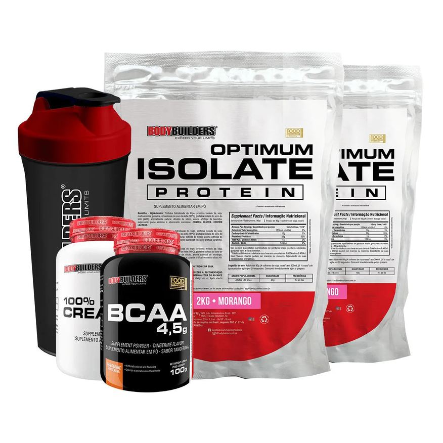 Bodybuilders Kit 2x Optimum Isolate Whey Protein 2kg + Creatina 1000g + Bcaa 100g + Coqueteleira Sabor Morango