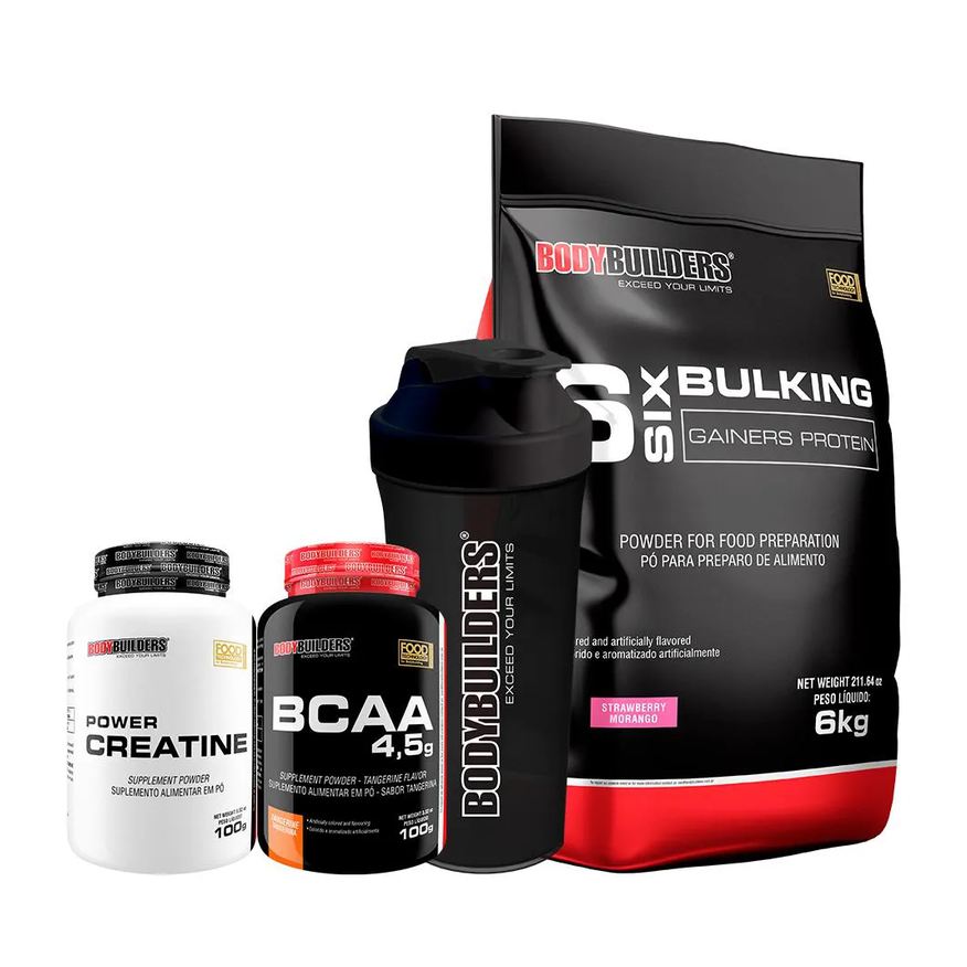 Bodybuilders Kit Bulking Protein 6kg + Creatina 100g + Bcaa 100g + Coqueteleira - Sabor Morango