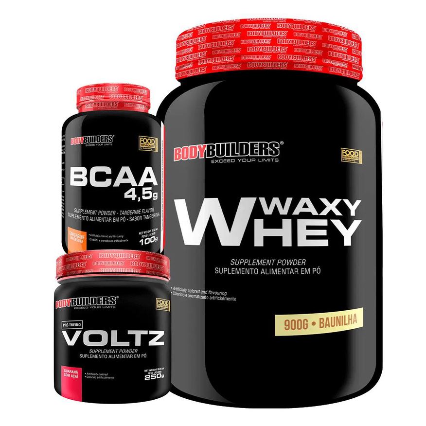 Bodybuilders Kit Waxy Whey (35%) 900g + Bcaa 100g + Pré Treino - Morango