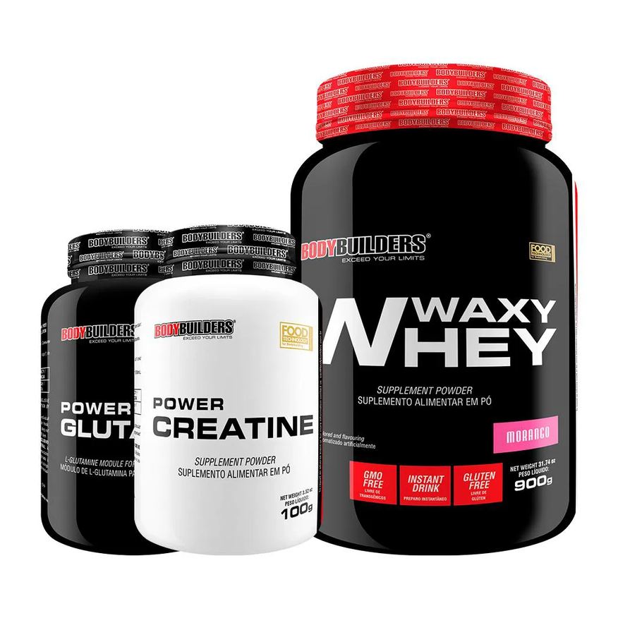 Bodybuilders Kit Waxy Whey 900g + Power Creatine 100g + Power Glutamine 100g - Morango