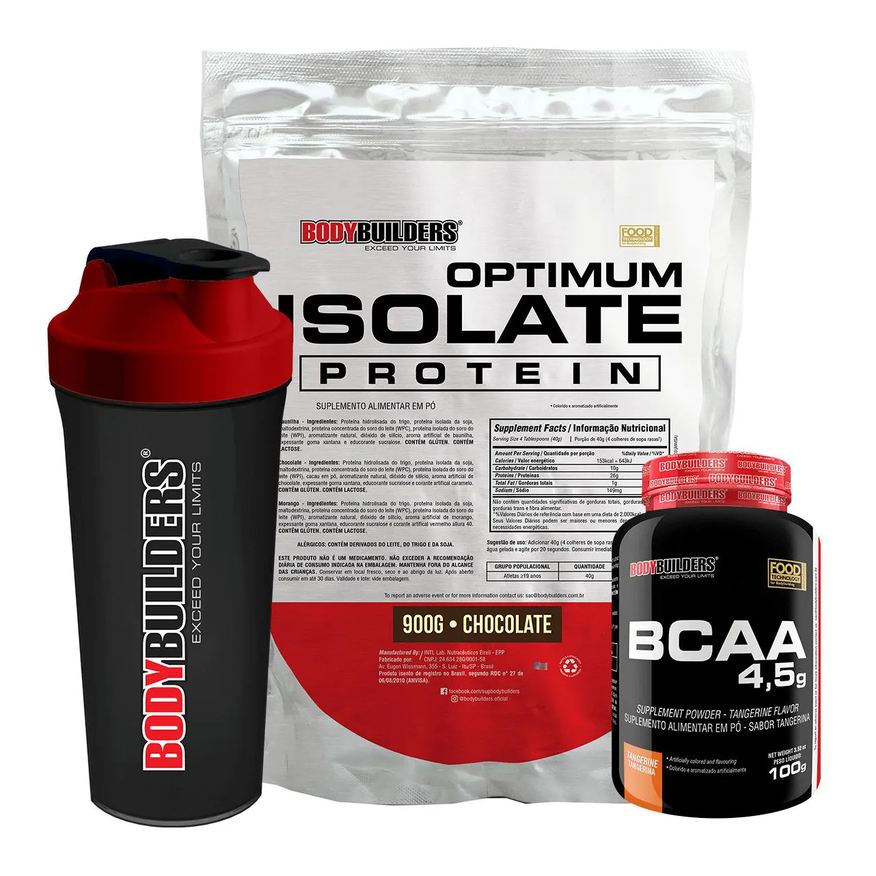 Bodybuilders Kit Optimum Isolate Whey Protein 900g + Bcaa 100g + Coqueteleira Sabor Chocolate