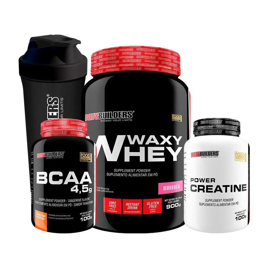 Bodybuilders Kit Waxy Whey 900g + Power Creatina 100g + Bcaa 100g + Coqueteleira - Morango