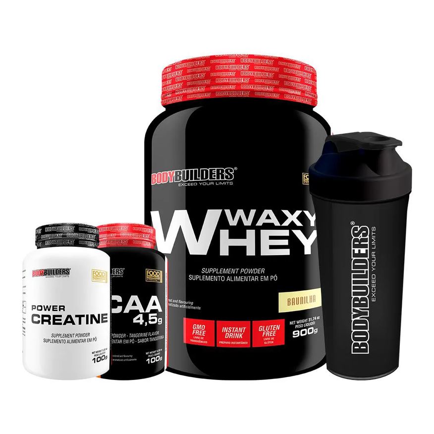 Bodybuilders Kit Waxy Whey 900g + Bcaa 100g + Power Creatina 100g + Coqueteleira - Morango