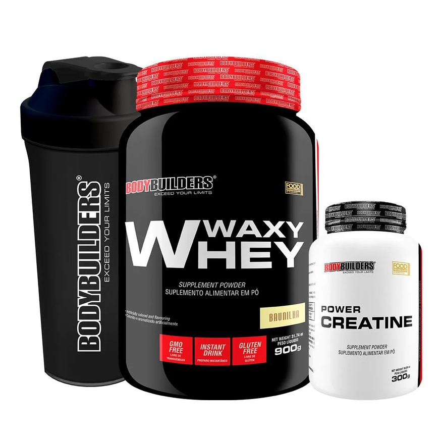 Bodybuilders Kit Waxy Whey 900g + Power Creatina 100g + Coqueteleira - Morango