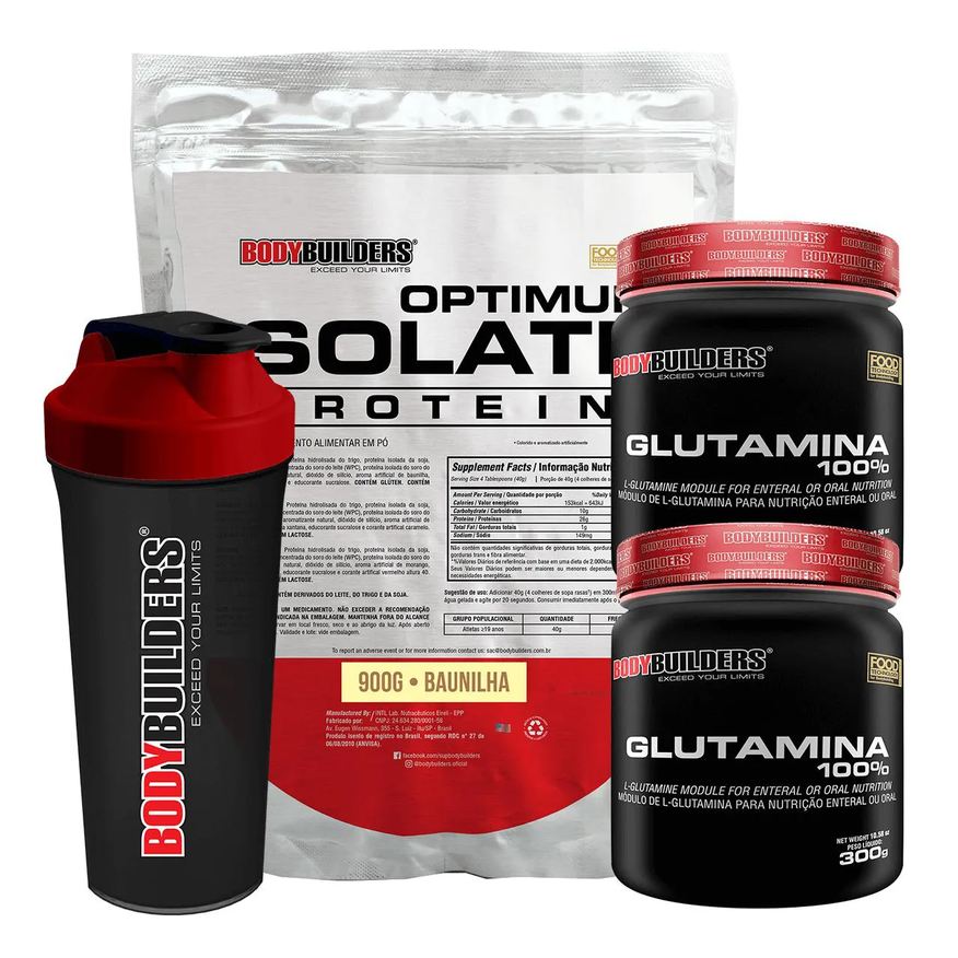 Bodybuilders Kit Optimum Isolate Whey Protein 900g + 2x Glutamina 300g + Coqueteleira Sabor Baunilha