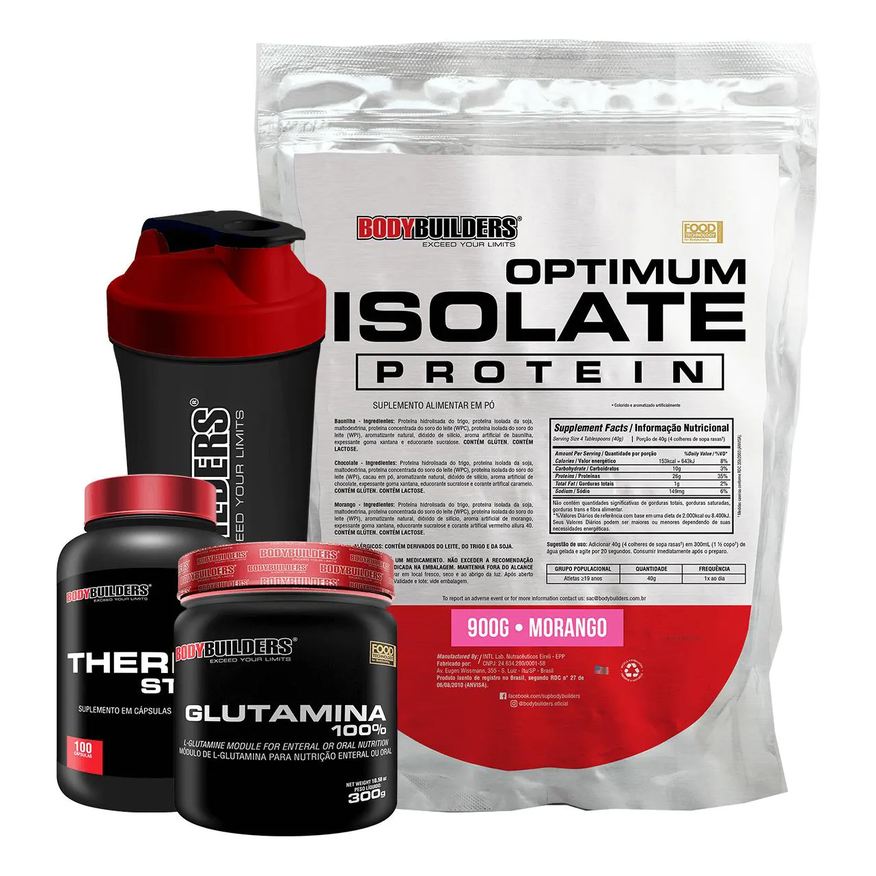 Bodybuilders Kit Optimum Isolate Whey Protein 900g + Thermo Start 100 cápsulas + Glutamina 300g + Coqueteleira Sabor Morango