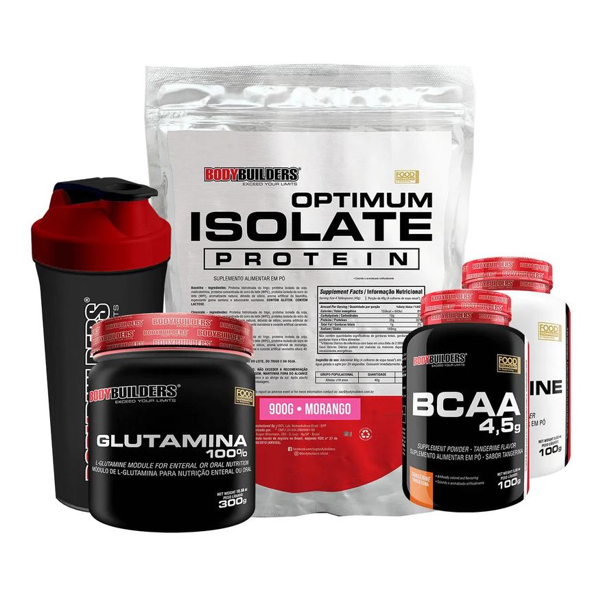 Bodybuilders Kit Optimum Isolate Whey Protein 900g +bcaa 100g +creatina 100g +glutamina 300g + Coqueteleira Sabor Morango