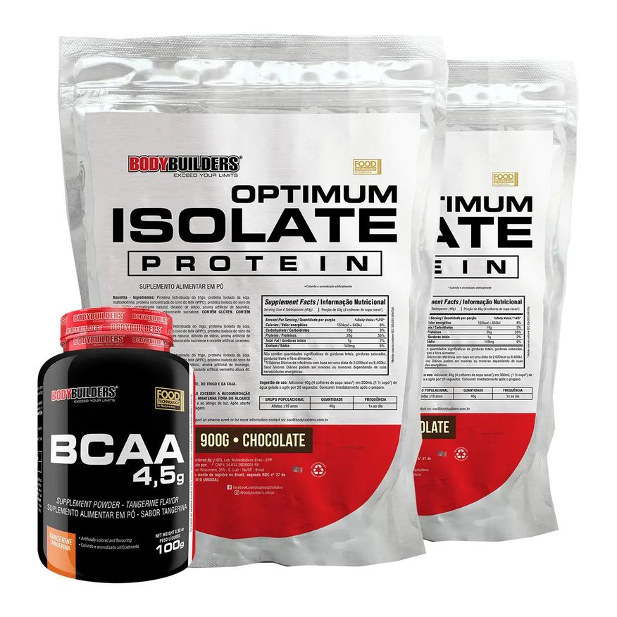 Bodybuilders Kit 2x Optimum Isolate Whey Protein 900g + Bcaa 100g - Sabor Chocolate