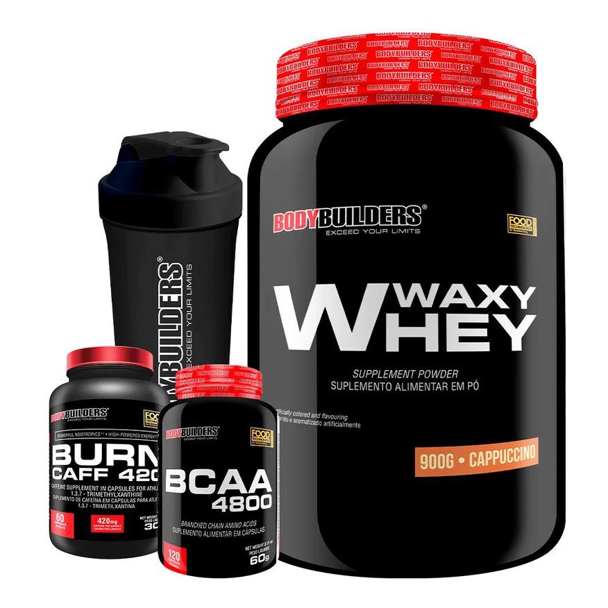 Bodybuilders Kit Waxy Whey 900g + Bcaa 4800 120 cápsulas + Pré Treino 60 cápsulas + Coqueteleira - Cappuccino