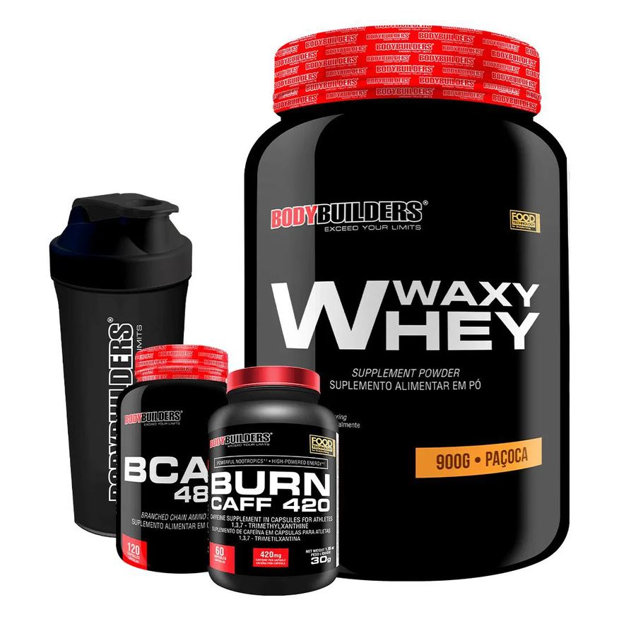 Bodybuilders Kit Waxy Whey 900g + Bcaa 4800 120 cápsulas + Pré Treino 60 cápsulas + Coqueteleira - Paçoca