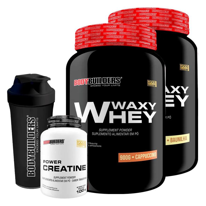Bodybuilders Kit BodyBuilder Whey Protein Waxy Whey Baunilha e Cappuccino 900g 2 unidades + Creatina Power 100g + Coqueteleira
