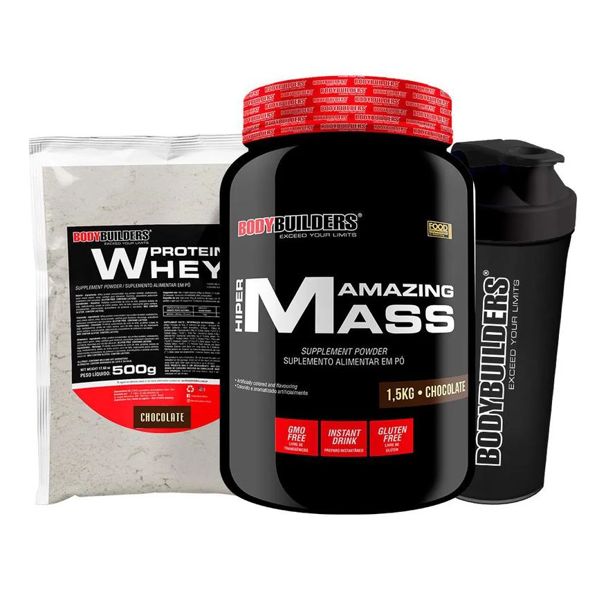 Bodybuilders Kit Amazing Mass 1,5kg + Whey Protein 500g + Coqueteleira - Sabor Chocolate