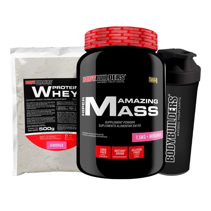 Bodybuilders Kit Amazing Mass 1,5kg + Whey Protein 500g + Coqueteleira - Sabor Morango
