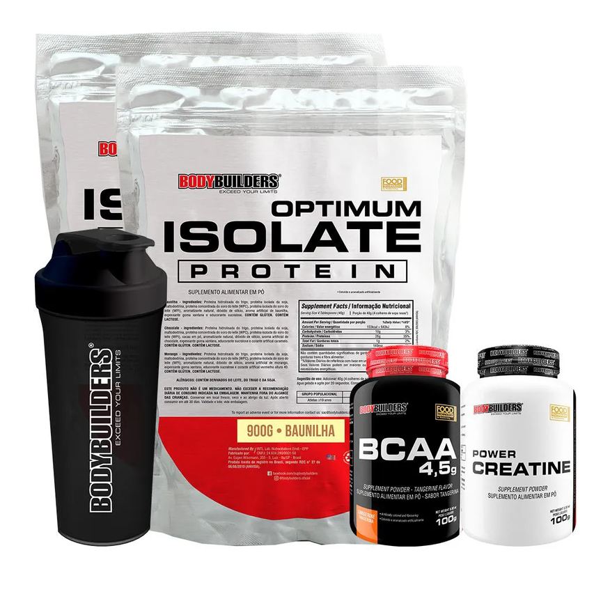 Bodybuilders Kit 2x Optimum Isolate Whey Protein 900g + Power Creatina 100g + Bcaa 100g + Coqueteleira - Sabor Baunilha