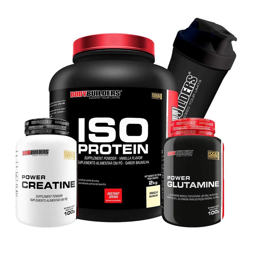 BodyBuilders Kit ISO Protein Baunilha 2kg + Creatina Power Creatine 100g + Glutamina Power Glutamine 100g + Coqueteleira