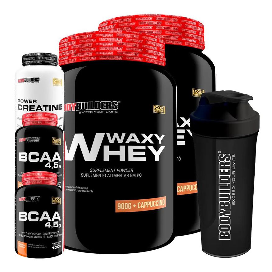 Bodybuilders Kit 2x Waxy Whey 900g + 2x Bcaa 4.5 100g + Power Creatina 100g + Coqueteleira - Cappuccino