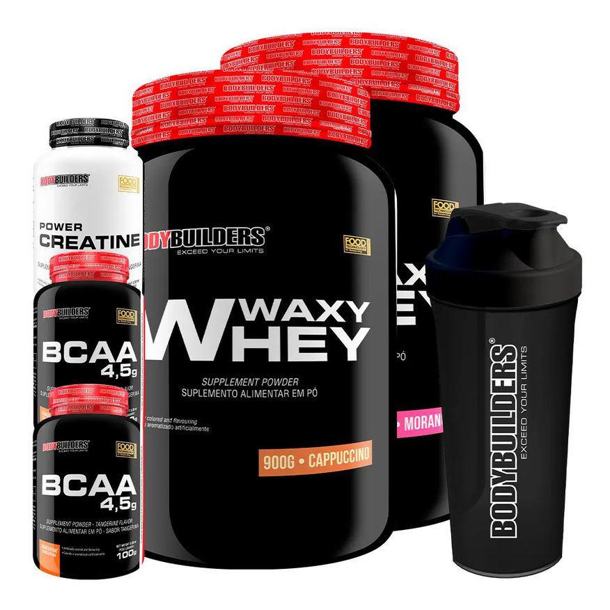 Bodybuilders Kit 2x Waxy Whey 900g + 2x Bcaa 4.5 100g + Power Creatina 100g + Coqueteleira - Morango e Cappuccino