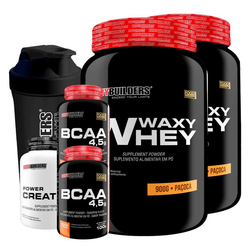 Bodybuilders Kit 2x Waxy Whey 900g + 2x Bcaa 4.5 100g + Power Creatina 100g + Coqueteleira - Paçoca