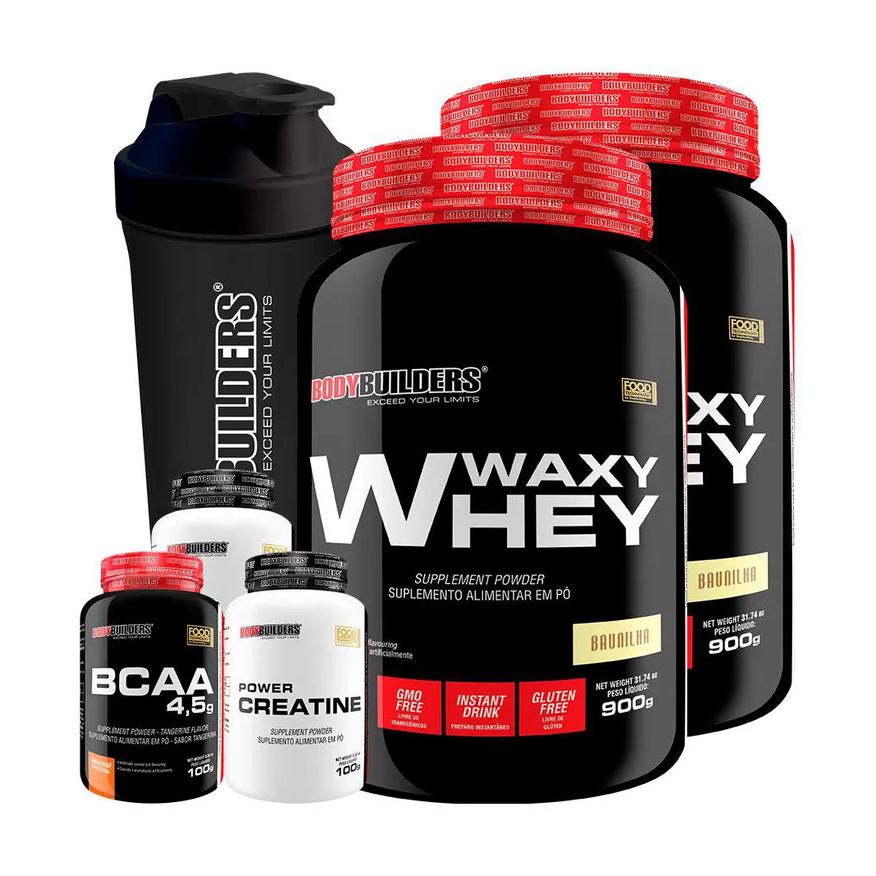Bodybuilders Kit 2x Waxy Whey 900g + Bcaa 4.5 100g + 2x Power Creatina 100g + Coqueteleira - Baunilha