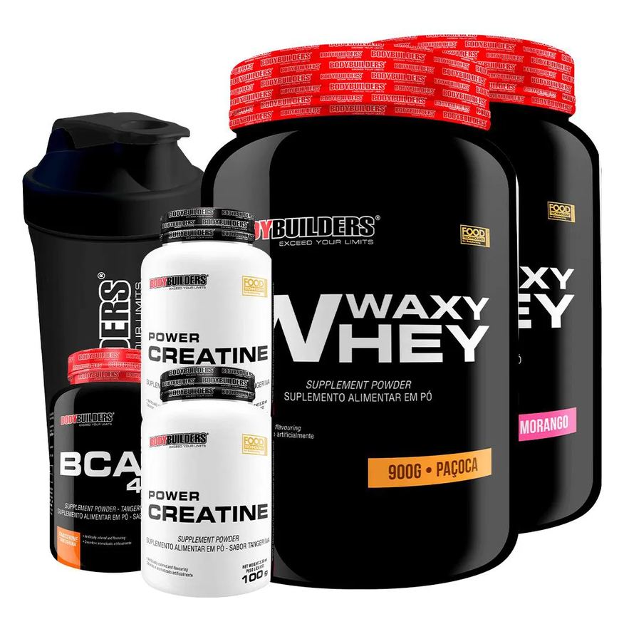 Bodybuilders Kit 2x Waxy Whey 900g + Bcaa 4.5 100g + 2x Power Creatina 100g + Coqueteleira - Morango e Paçoca