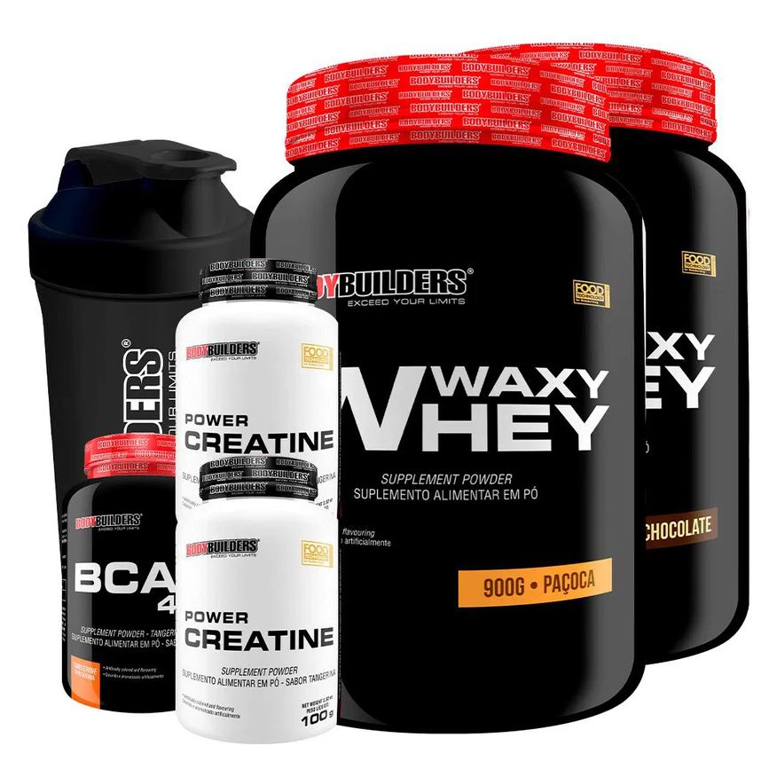 Bodybuilders Kit 2x Waxy Whey 900g + Bcaa 4.5 100g + 2x Power Creatina 100g + Coqueteleira - Chocolate e Paçoca