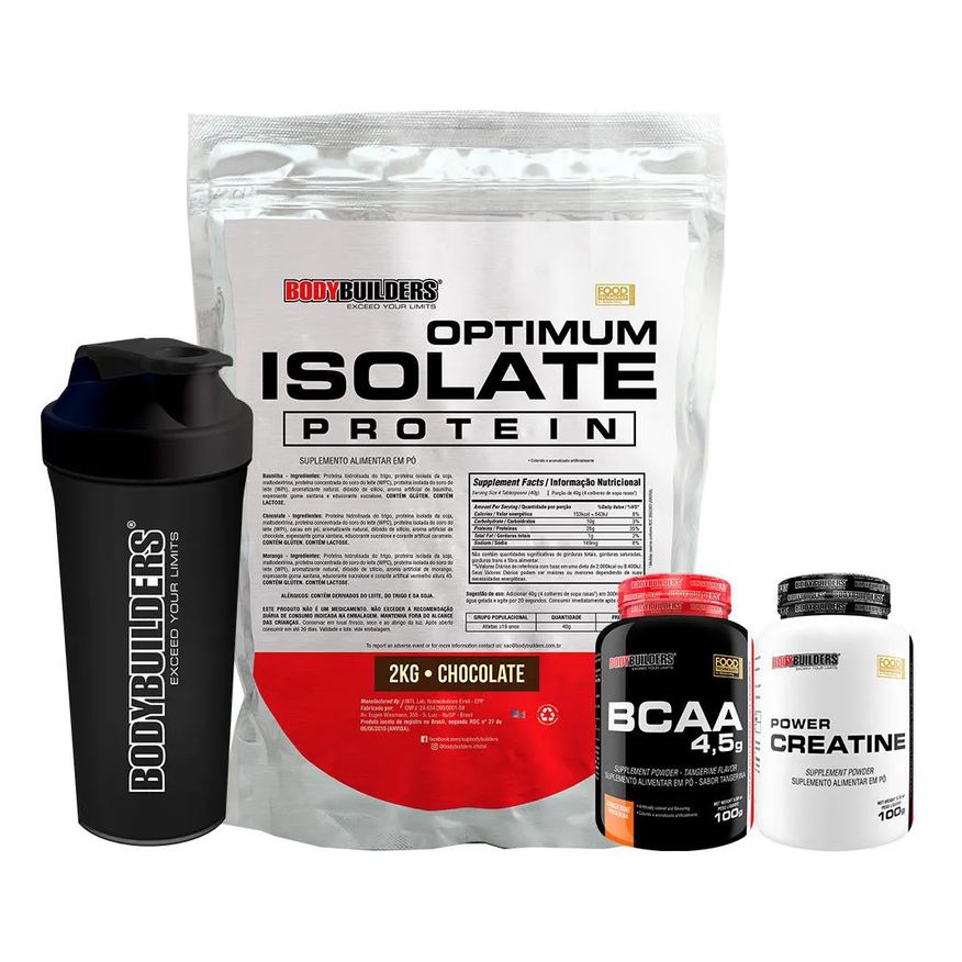 Bodybuilders Kit Optimum Isolate Whey Protein 2kg + Bcaa 100g + Power Creatina 100g + Coqueteleira Sabor Chocolate
