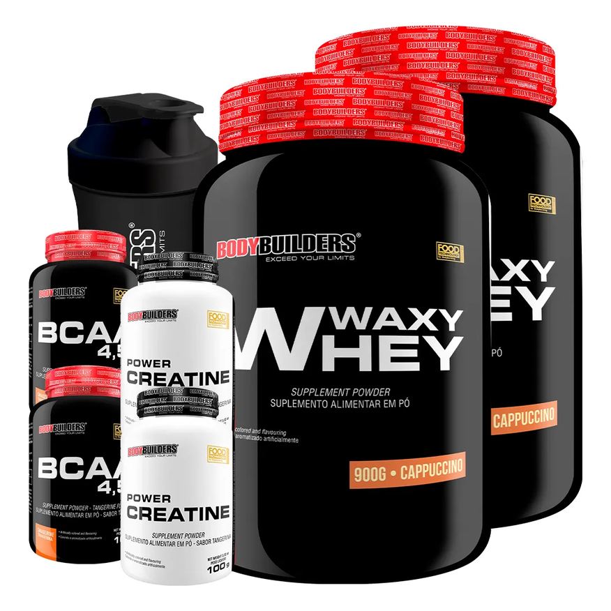 Bodybuilders Kit 2x Waxy Whey 900g + 2x Bcaa 100g Tangerina + 2x Power Creatina 100g + Coq - Cappuccino