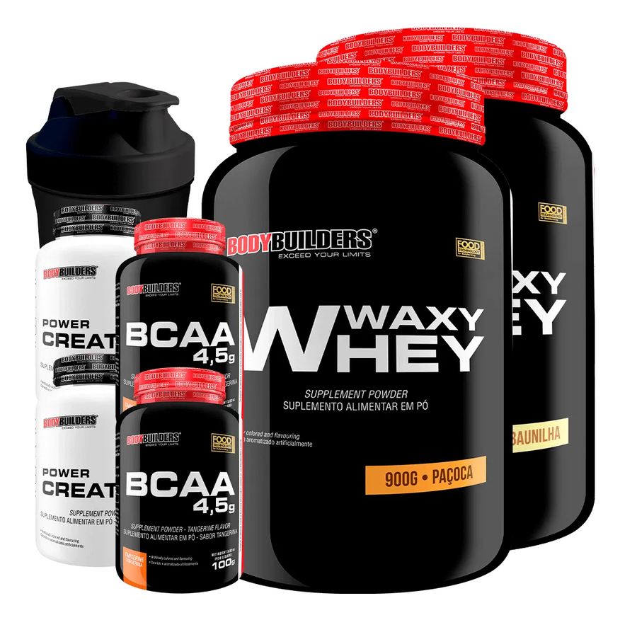 Bodybuilders Kit 2x Waxy Whey 900g + 2x Bcaa 100g Tangerina + 2x Power Creatina 100g + Coq - Baunilha e Paçoca