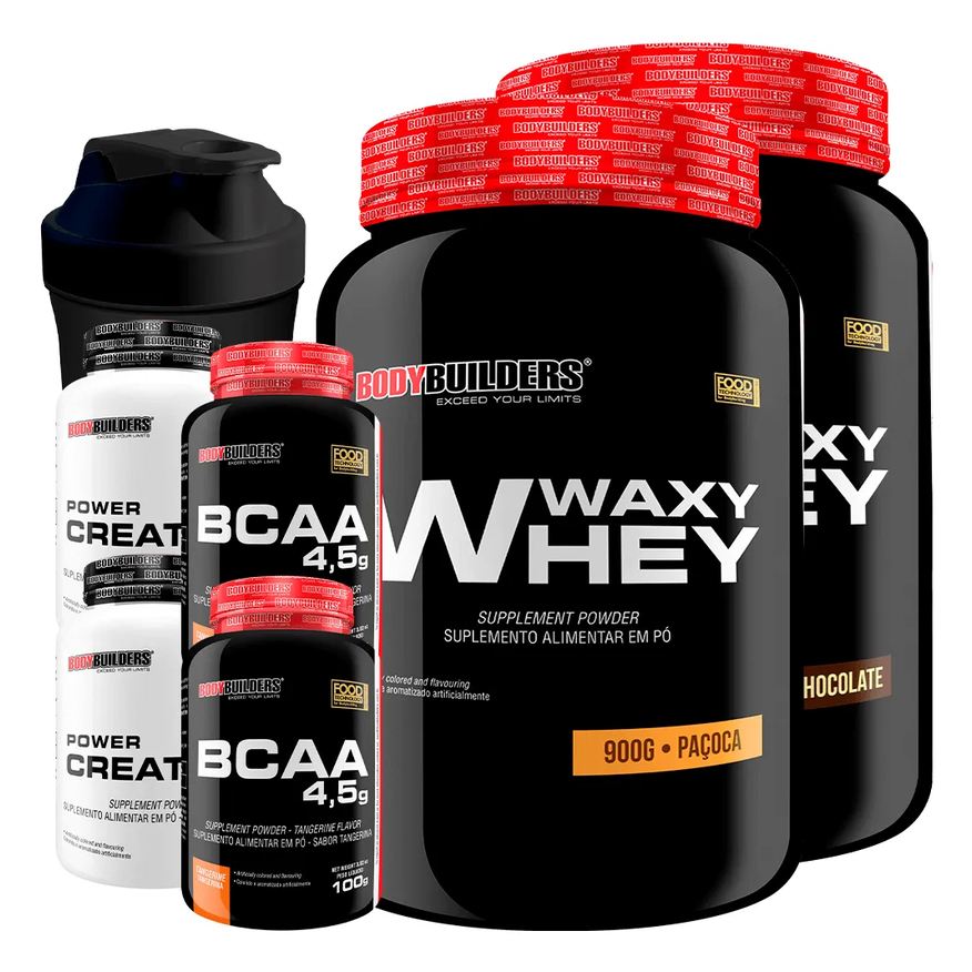 Bodybuilders Kit 2x Waxy Whey 900g + 2x Bcaa 100g Tangerina + 2x Power Creatina 100g + Coq - Chocolate e Paçoca