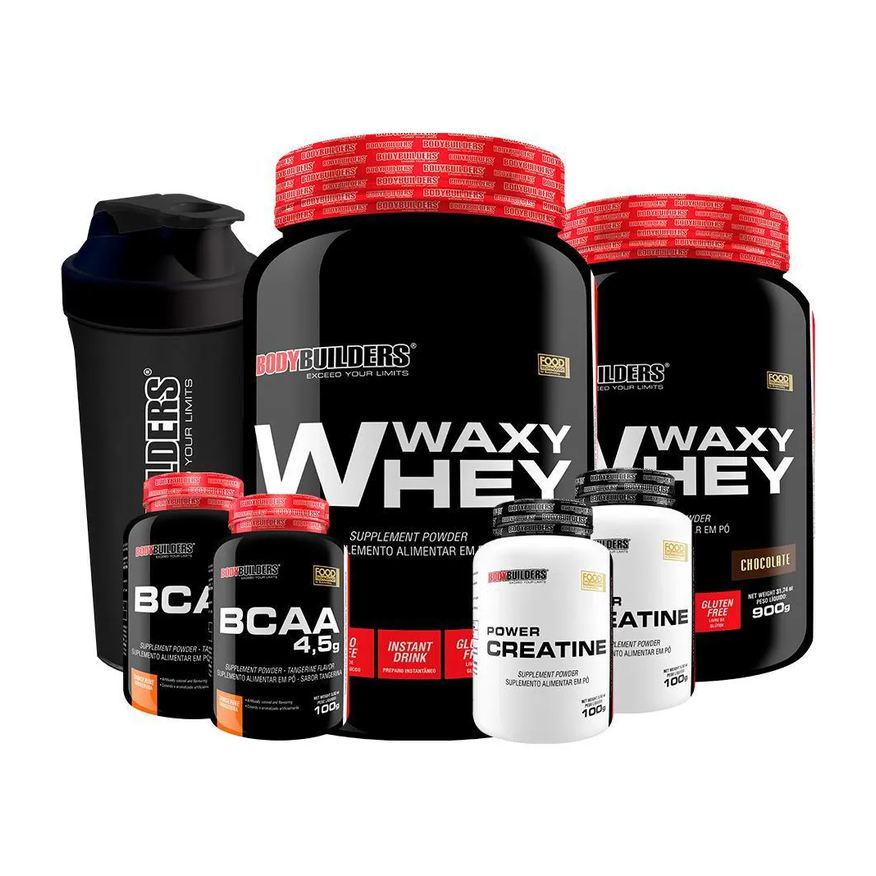 Bodybuilders Kit 2x Waxy Whey 900g Sabor Chocolate e Morango + 2x Bcaa 100g Tangerina + 2x Power Creatina 100g + Coqueteleira