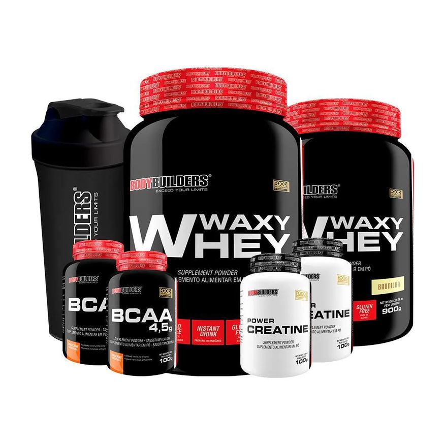 Bodybuilders Kit 2x Waxy Whey 900g Sabor Baunilha e Chocolate + 2x Bcaa 100g Tangerina + 2x Power Creatina 100g + Coqueteleira