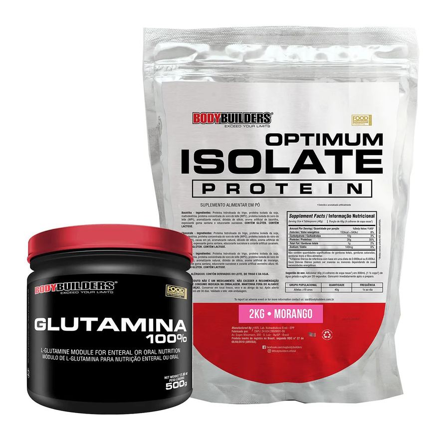 Bodybuilders Kit Optimum Isolate Whey Protein 2kg + Glutamina 500g Sabor: Morango