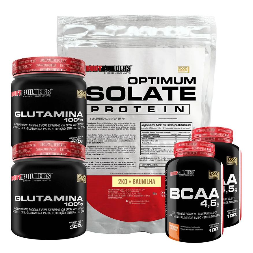 Bodybuilders Kit Optimum Isolate Whey Protein 2kg + 2x Bcaa 100g + 2x Glutamina 300g Sabor Baunilha