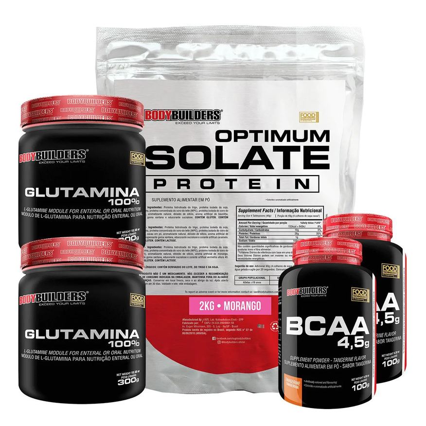 Bodybuilders Kit Optimum Isolate Whey Protein 2kg + 2x Bcaa 100g + 2x Glutamina 300g Sabor Morango