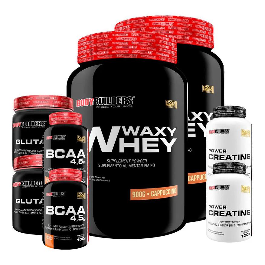 Bodybuilders Kit 2x Waxy Whey 900g + 2x Power Creatina 100g + 2x Glutamina 300g + 2x Bcaa 4.5 100g - Cappuccino