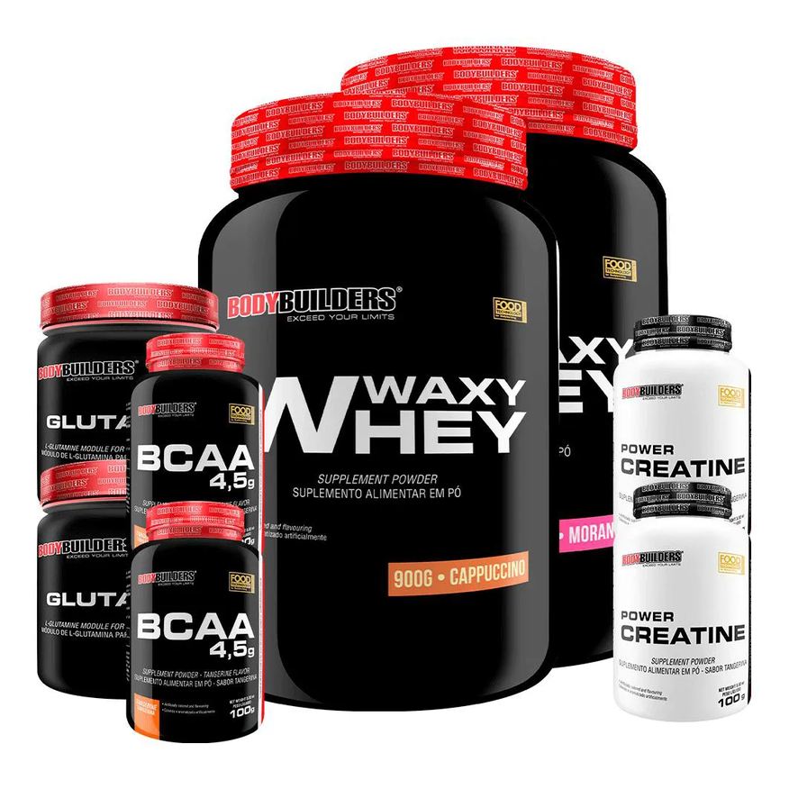 Bodybuilders Kit 2x Waxy Whey 900g + 2x Power Creatina 100g + 2x Glutamina 300g + 2x Bcaa 4.5 100g - Morango e Cappuccino