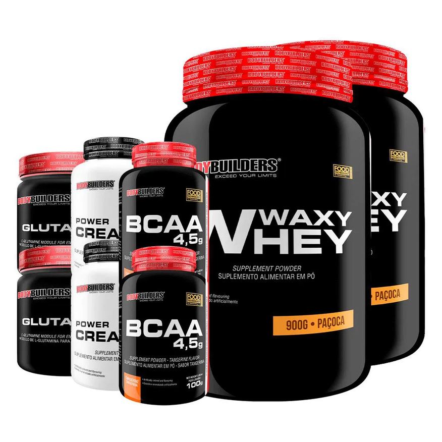 Bodybuilders Kit 2x Waxy Whey 900g + 2x Power Creatina 100g + 2x Glutamina 300g + 2x Bcaa 4.5 100g - Paçoca