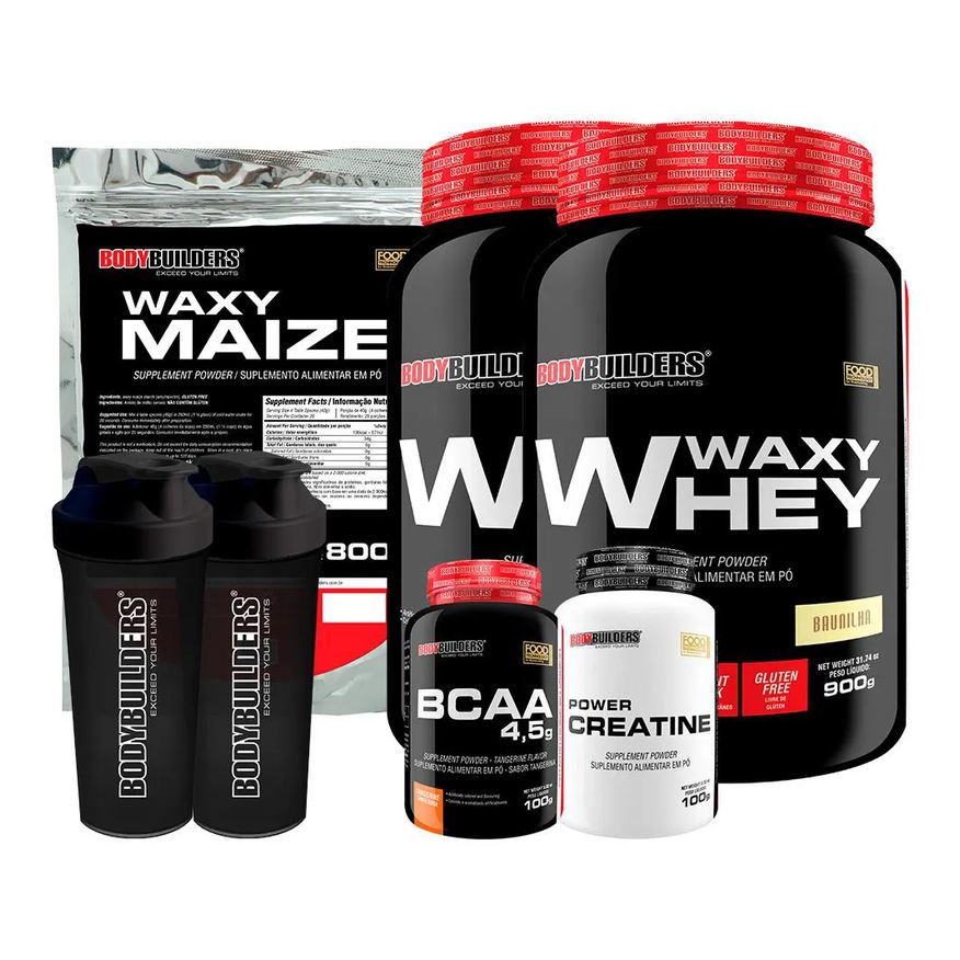 Bodybuilders Kit 2x Waxy Whey 900g + Waxy Maize 800g + Power Creatina 100g + Bcaa 4.5 100g + 2x Coqueteleira - Baunilha